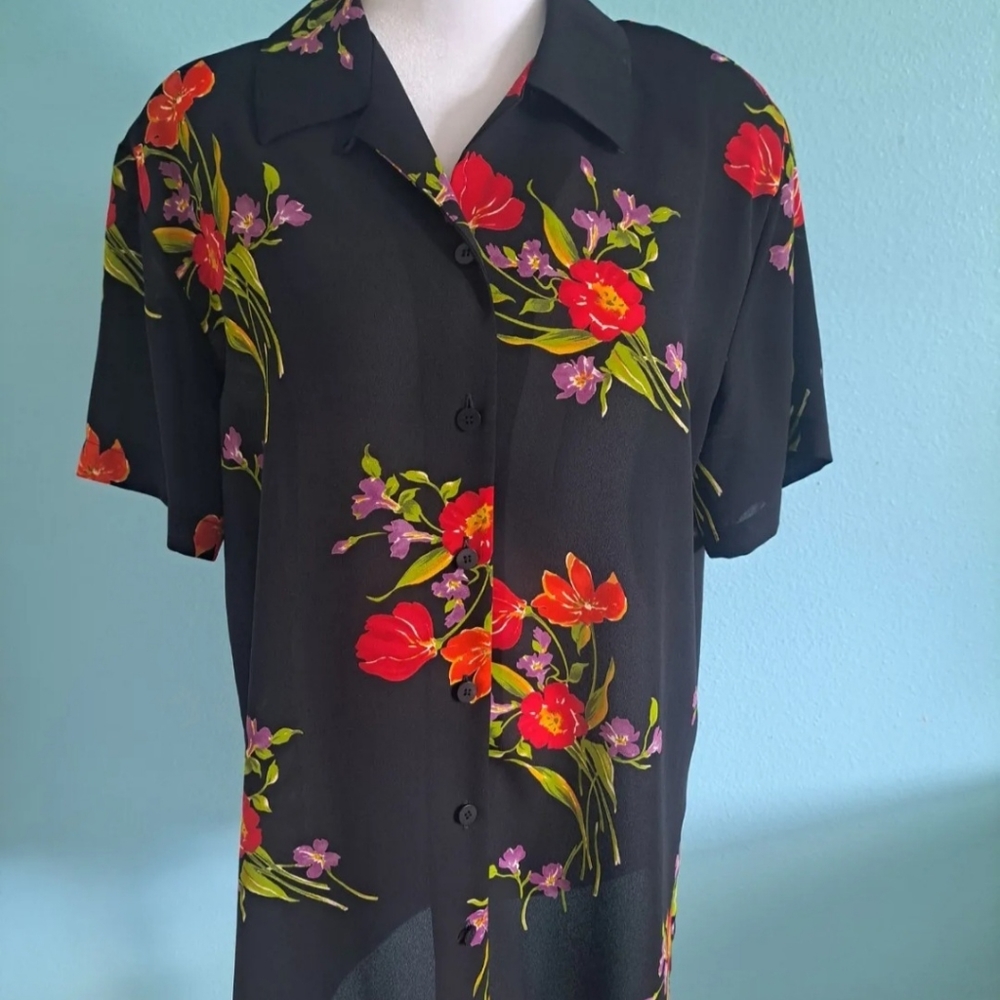 Vtg Chaus Floral Print Top Semi Sheer Short Sleeve Button Up Shoulder Pads Sz 12